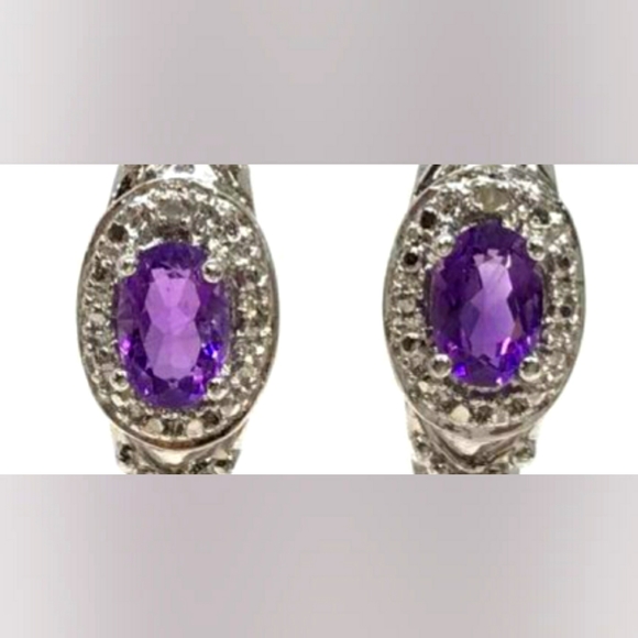 Amethyst & Diamond Accent Half Hoop Sterling Silver Earrings - Picture 4 of 13